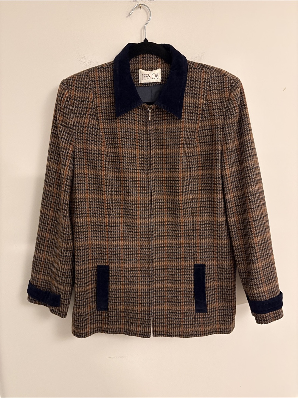 Vintage Jessica Barn Jacket- Brown Plaid with Navy Velvet Trim - Size 10